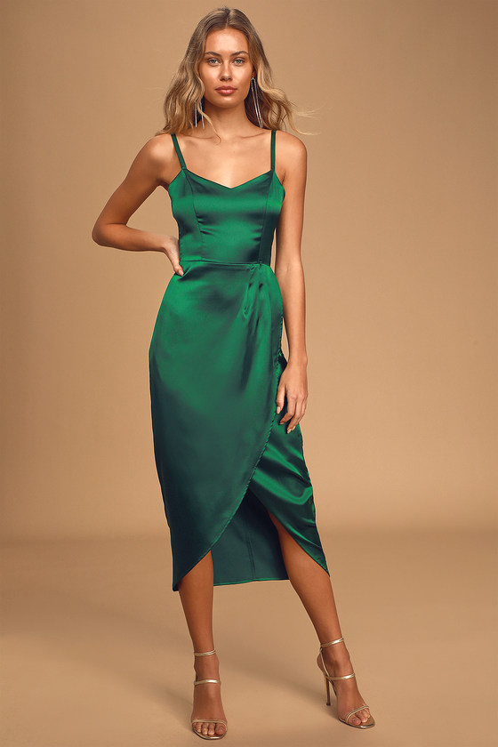 Forest Green Dress - Satin Midi Dress ...